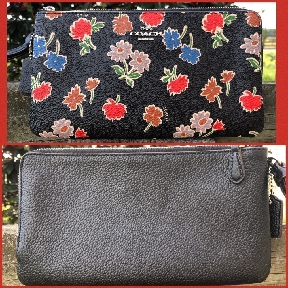 F55774 Coach Wildflower Black Double ZIP Wallet